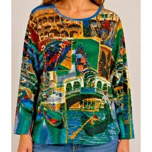 Take Two Italy Venice Floral Village Graphic Sequined Top Womens Sz XL